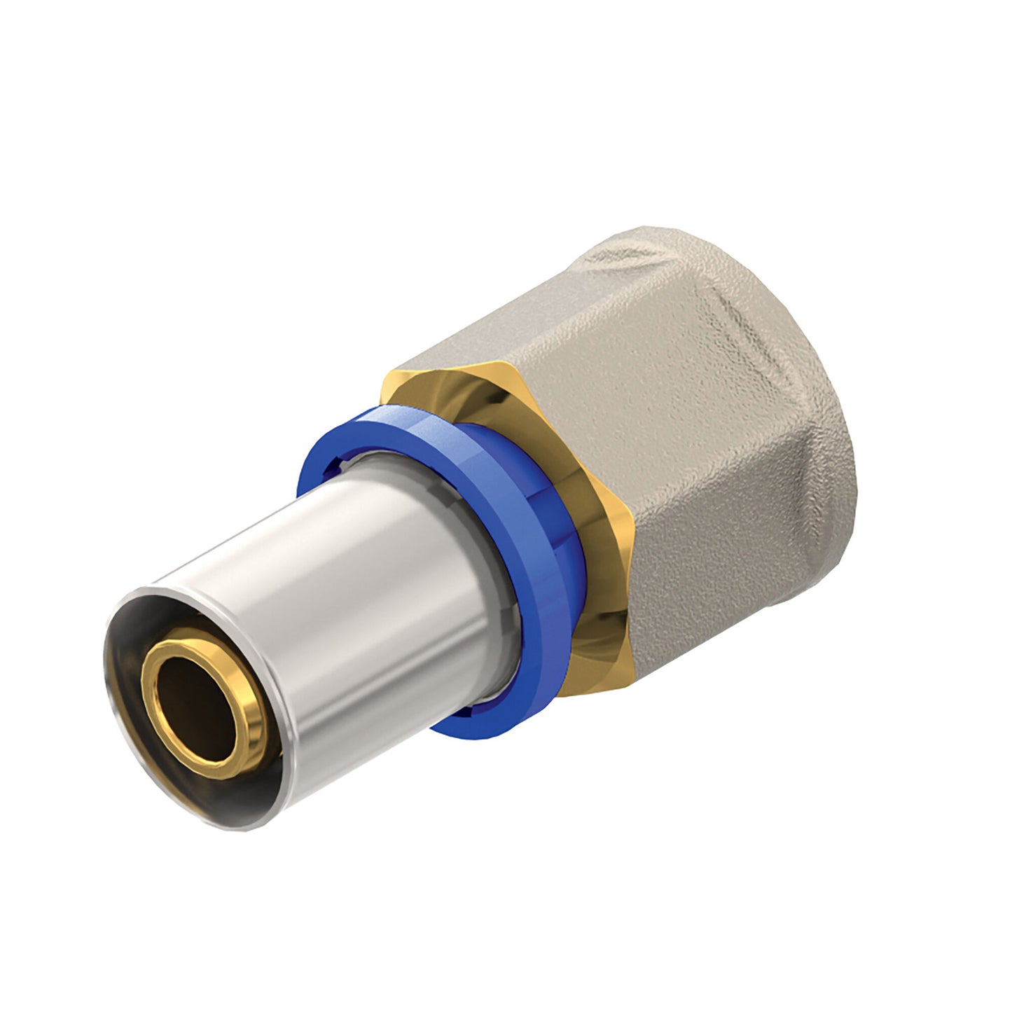 Afbeelding van een perskoppeling F 1/2x16-2,0mm, ontworpen voor krachtige en betrouwbare persverbindingen in industriële en bouwtoepassingen.