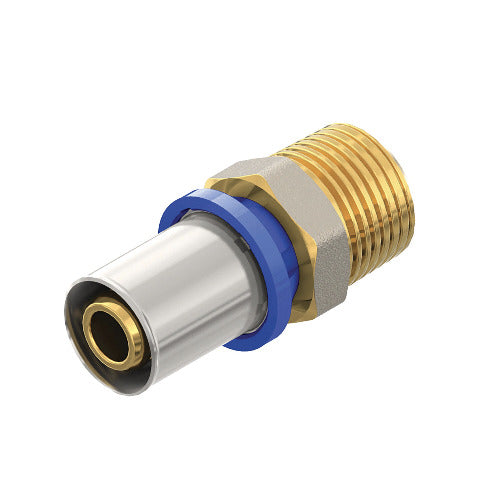 Afbeelding van een perskoppeling met maat M 1/2x16-2,0mm, ontworpen voor sterke en duurzame verbindingen in de bouw en industrie.