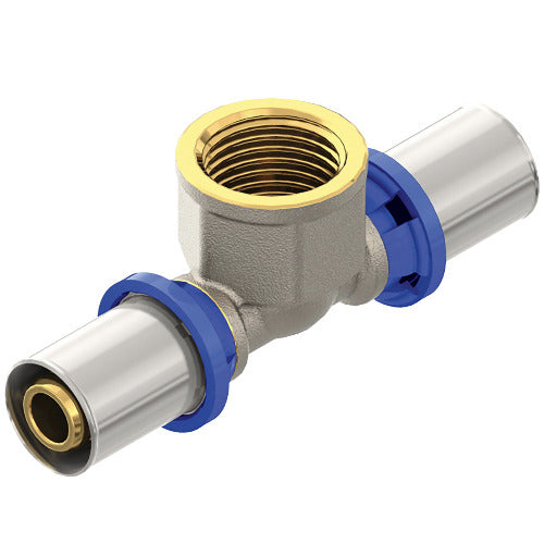 Afbeelding van een perskoppeling T 16-2xF1/2x16-20mm, ontworpen voor krachtige en betrouwbare T-verbindingen in industriële toepassingen.