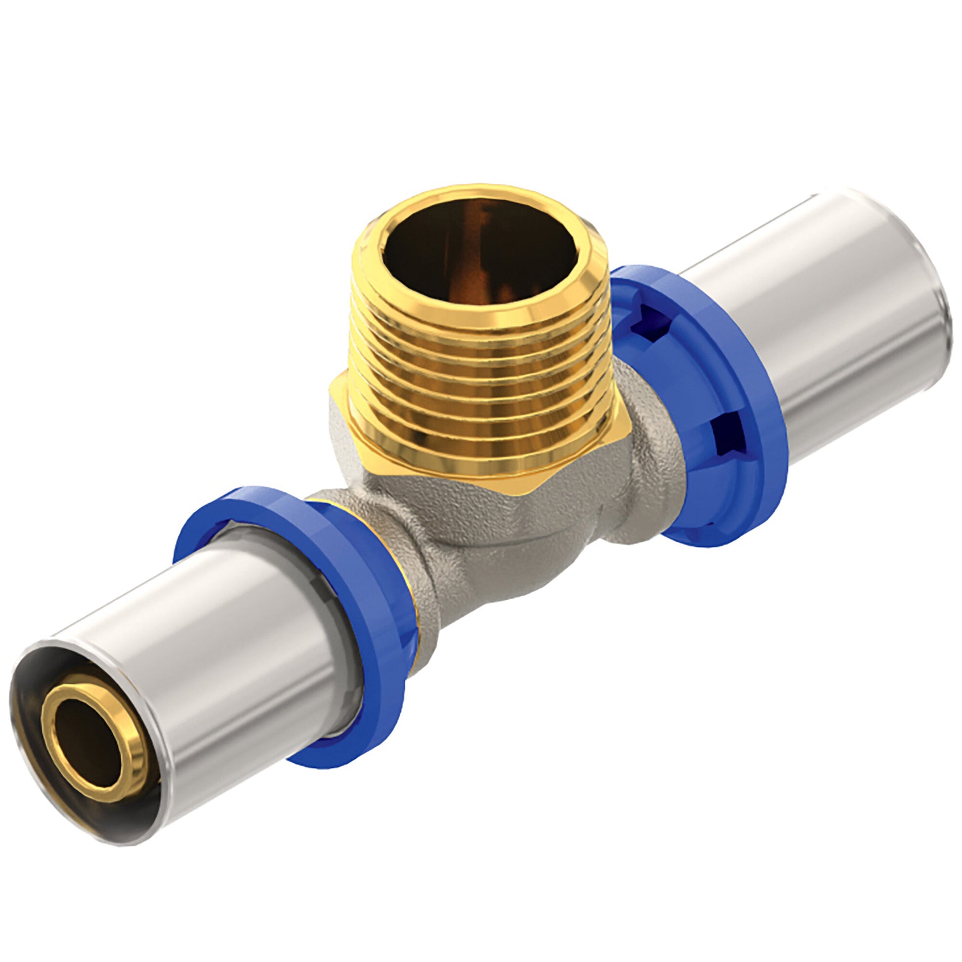Afbeelding van een perskoppeling T met afmetingen 16xM1/2x16mm, ontworpen voor krachtige en betrouwbare T-verbindingen in bouw- en industriële toepassingen.