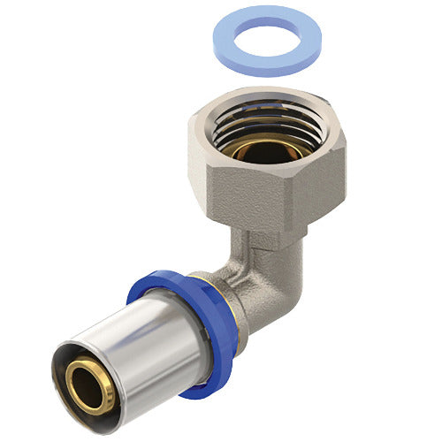 Afbeelding van een perskoppeling knie F 1/2x16mm met losse moer, ideaal voor flexibele en betrouwbare verbindingen in bouw- en industriële toepassingen.