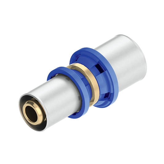 Afbeelding van een perskoppeling verbindingstuk met rechte vorm en afmetingen 20x16mm, ontworpen voor sterke en stabiele verbindingen in bouw- en industriële toepassingen.